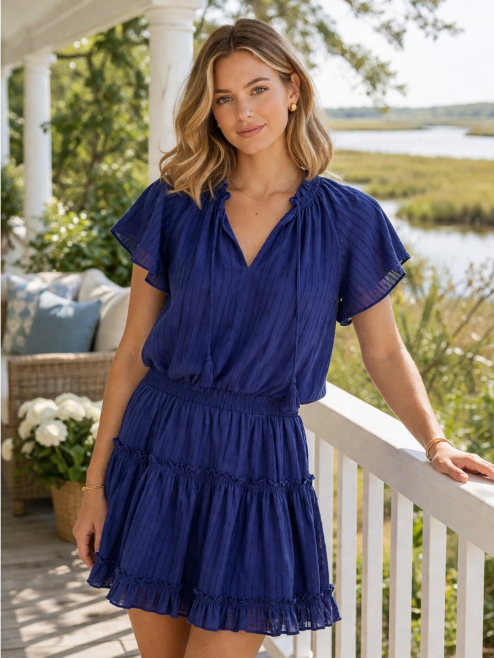 8apart Simone Mini Dress Indigo Clip Dot Cotton Tiered Size L